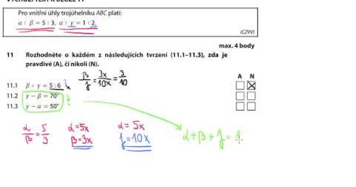 Výpočet úhlů v trojúhelníku – poměr -9. třída, Příjímací zkoušky 2018A CERMAT z matematiky 11.příkl