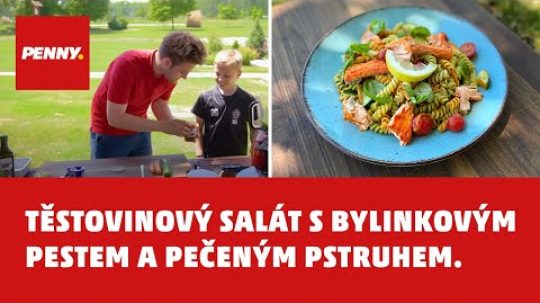 RECEPT – Těstovinový salát s bylinkovým pestem a pečeným pstruhem