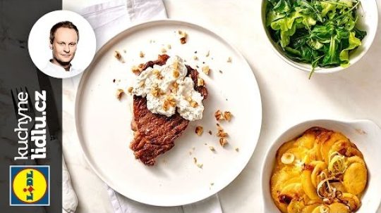 Grilovaný rib eye steak s kozím sýrem a ořechy – Marcel Ihnačák – RECEPTY KUCHYNE LIDLU